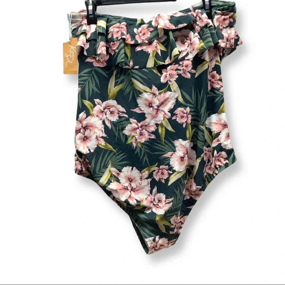 Kona Sol Tropical Floral Ruffle One Piece Swimsuit NWT
